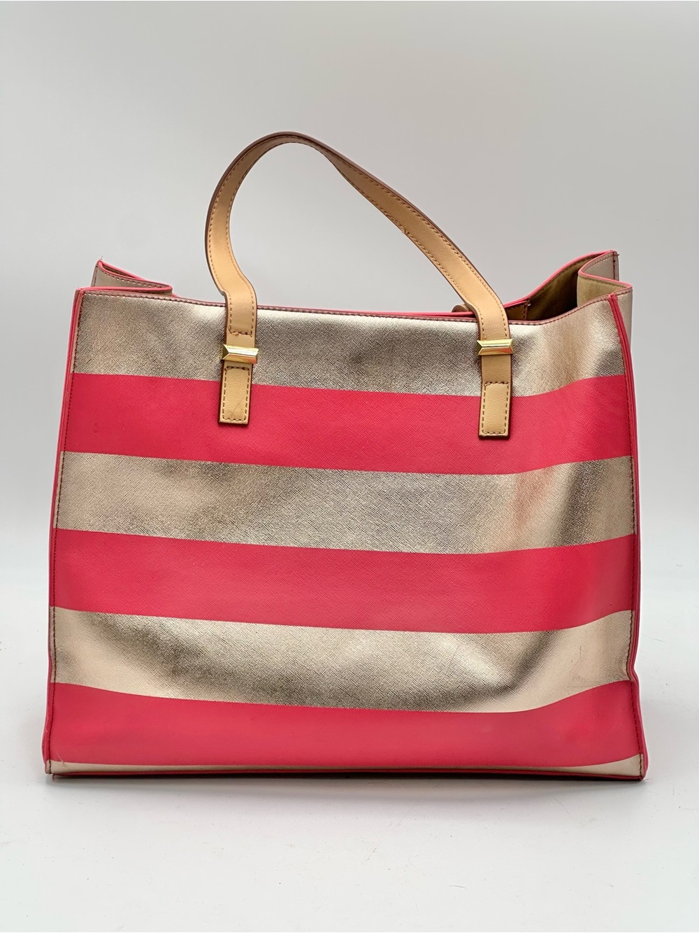 Neiman Marcus Striped Pink and Gold Tote Metallic Shoulder Bag Structured